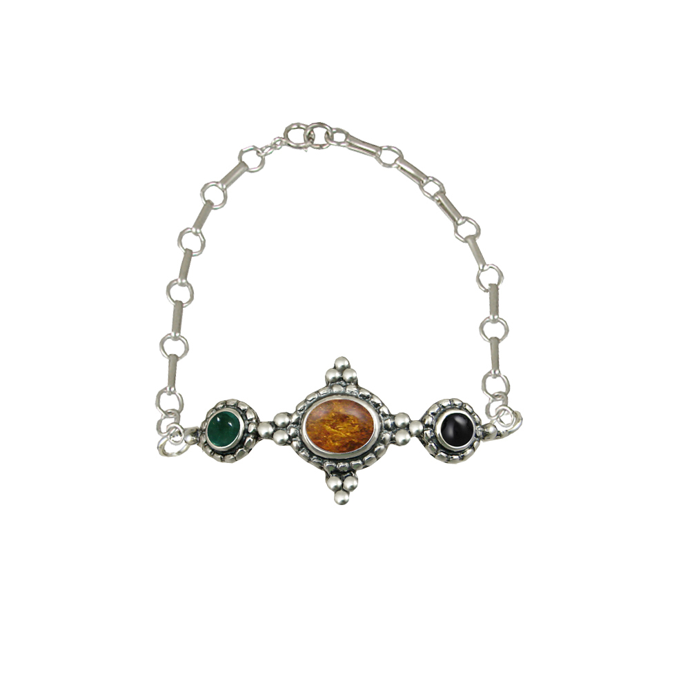 Sterling Silver Gemstone Adjustable Chain Bracelet With Amber And Fluorite